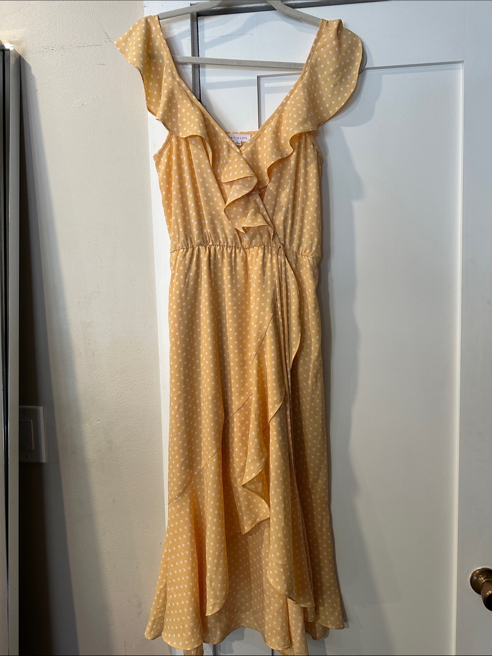 Socialite Yellow Polka Dot Ruffle Wrap Midi Dress